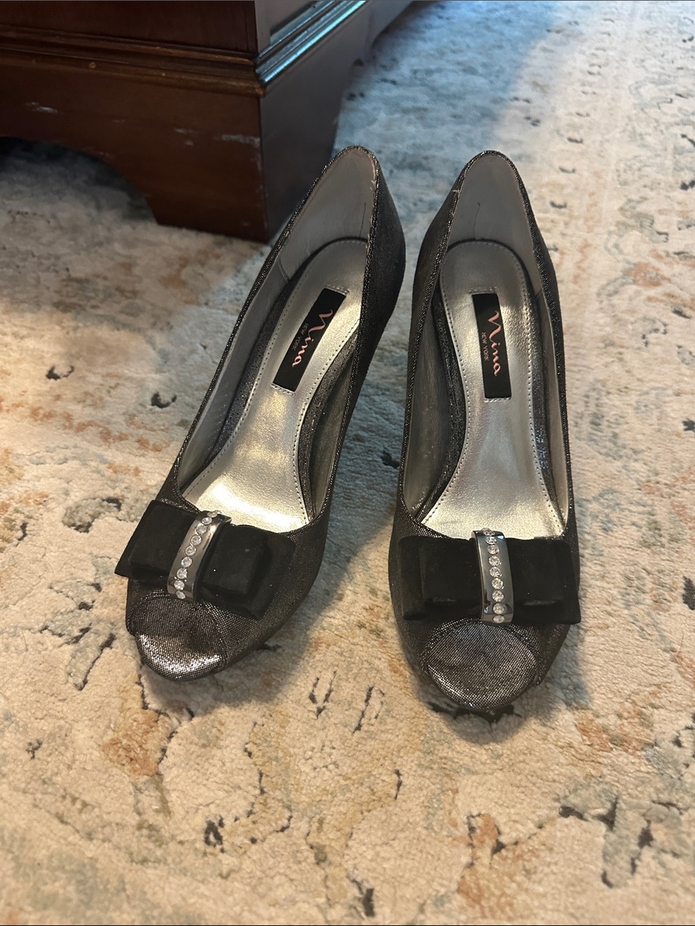 Nina Metallic Gray Peep-Toe Heels with Black Bow & Rhinestones